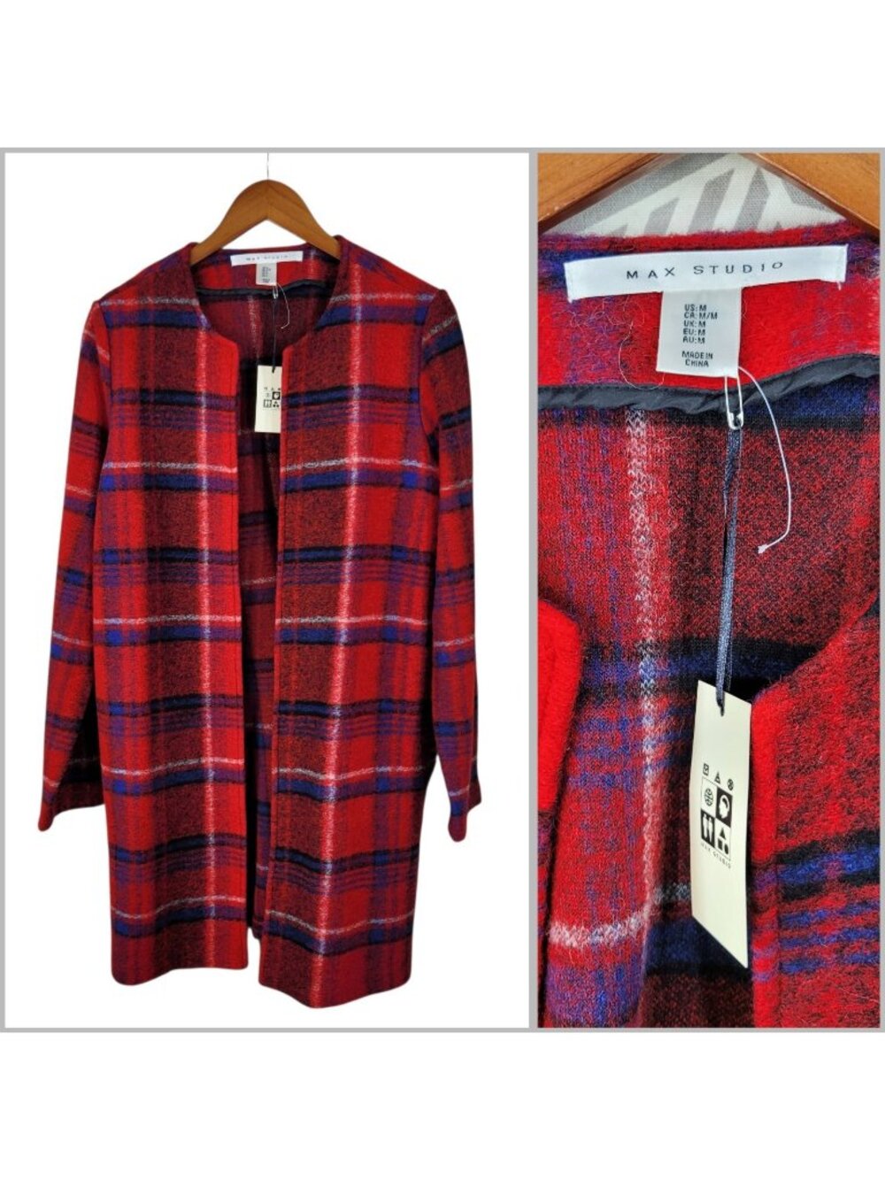 NEW Max Studio Medium Plaid Long Open Front Jacket Red Wool Tartan Career Duster